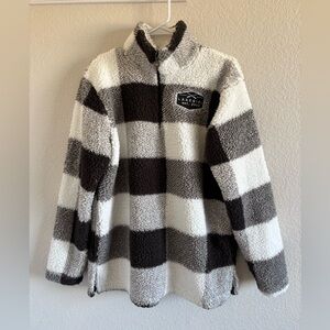 Lake Girl Black and White Plaid Sherpa Pullover Half Zip Womens Large